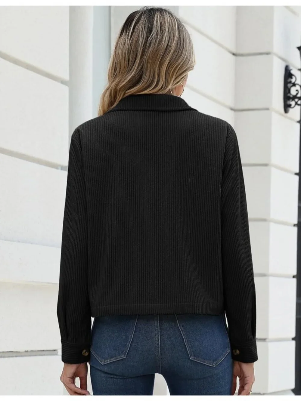 Women's Black Fashion Cropped Corduroy Button Down Long Sleeve Trendy Jacket